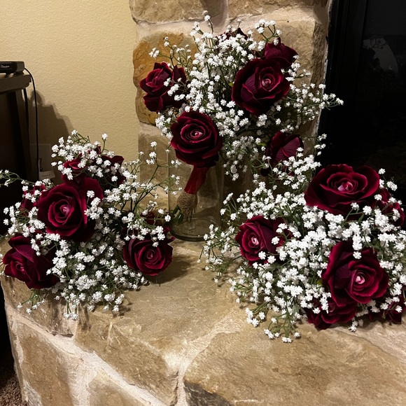 Bouquet with 6 deep red/burgundy roses and white baby’s breath. Have multiple - Picture 2 of 5